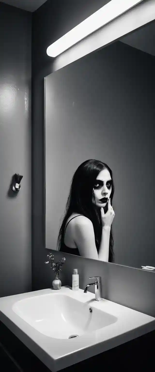 Woman doing makeup in bathroom mirror with creepy eyes