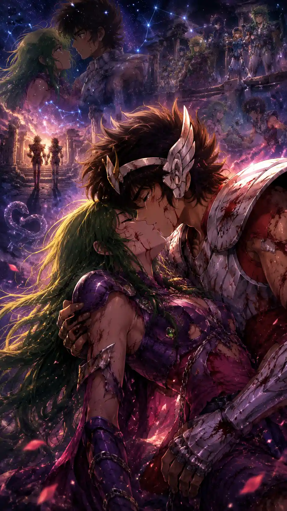 Shaina dying in Seiya arms under a cosmic night sky