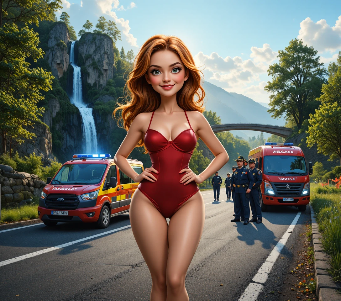 Mulher de lingerie vermelha posando junto a uma cachoeira em floresta exuberante