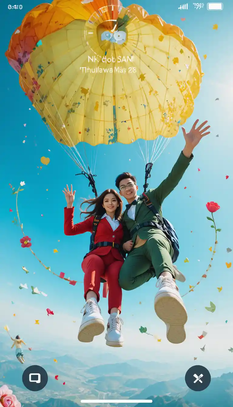 Stylish couple parachuting above a bright blue sky