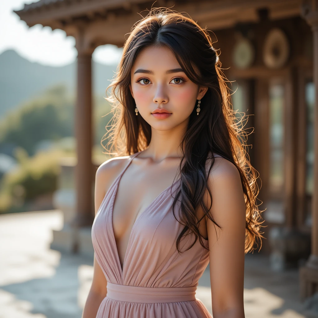 Confident young girl in elegant dress outdoors