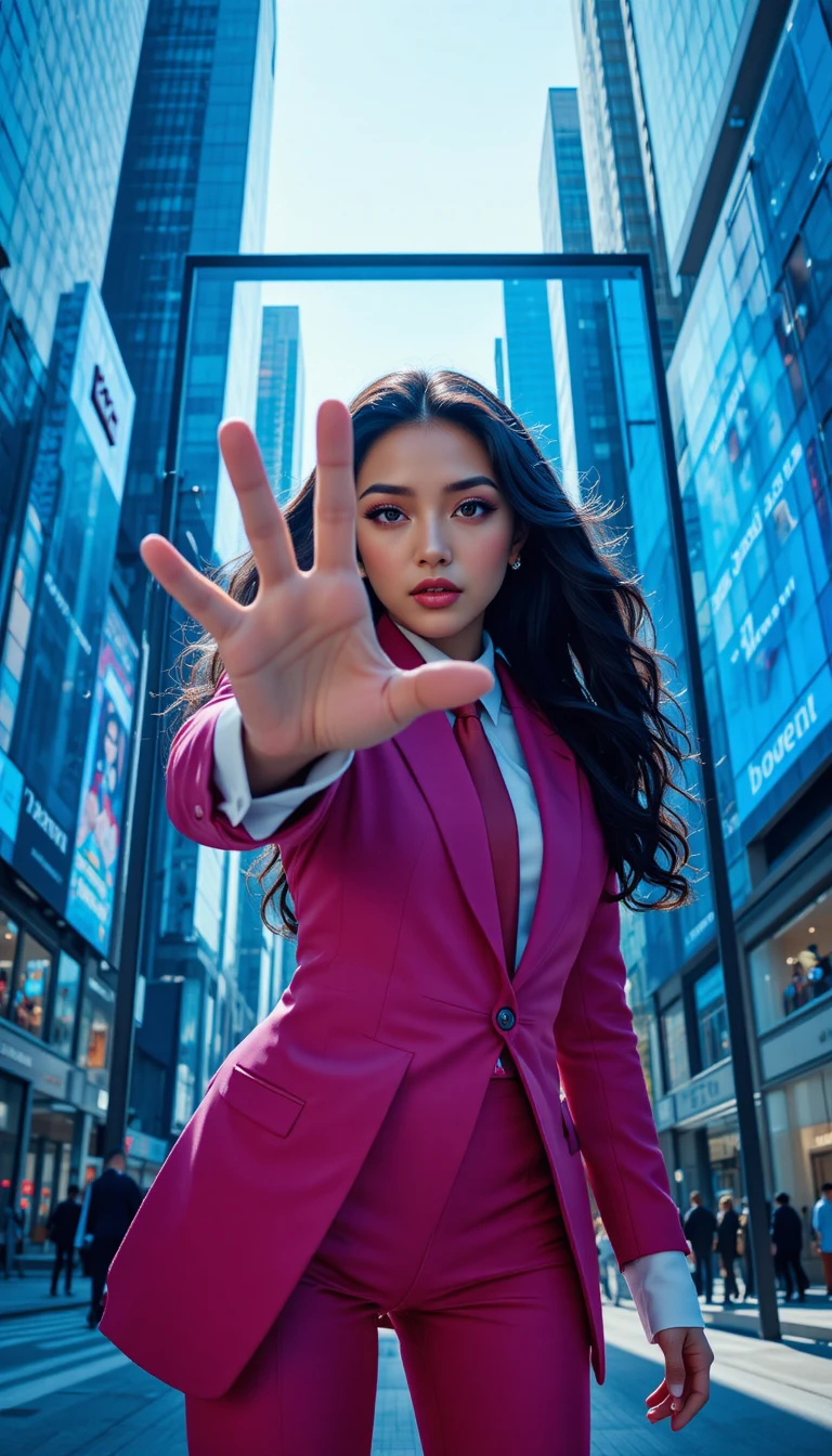 Woman emerging from digital billboard in modern city