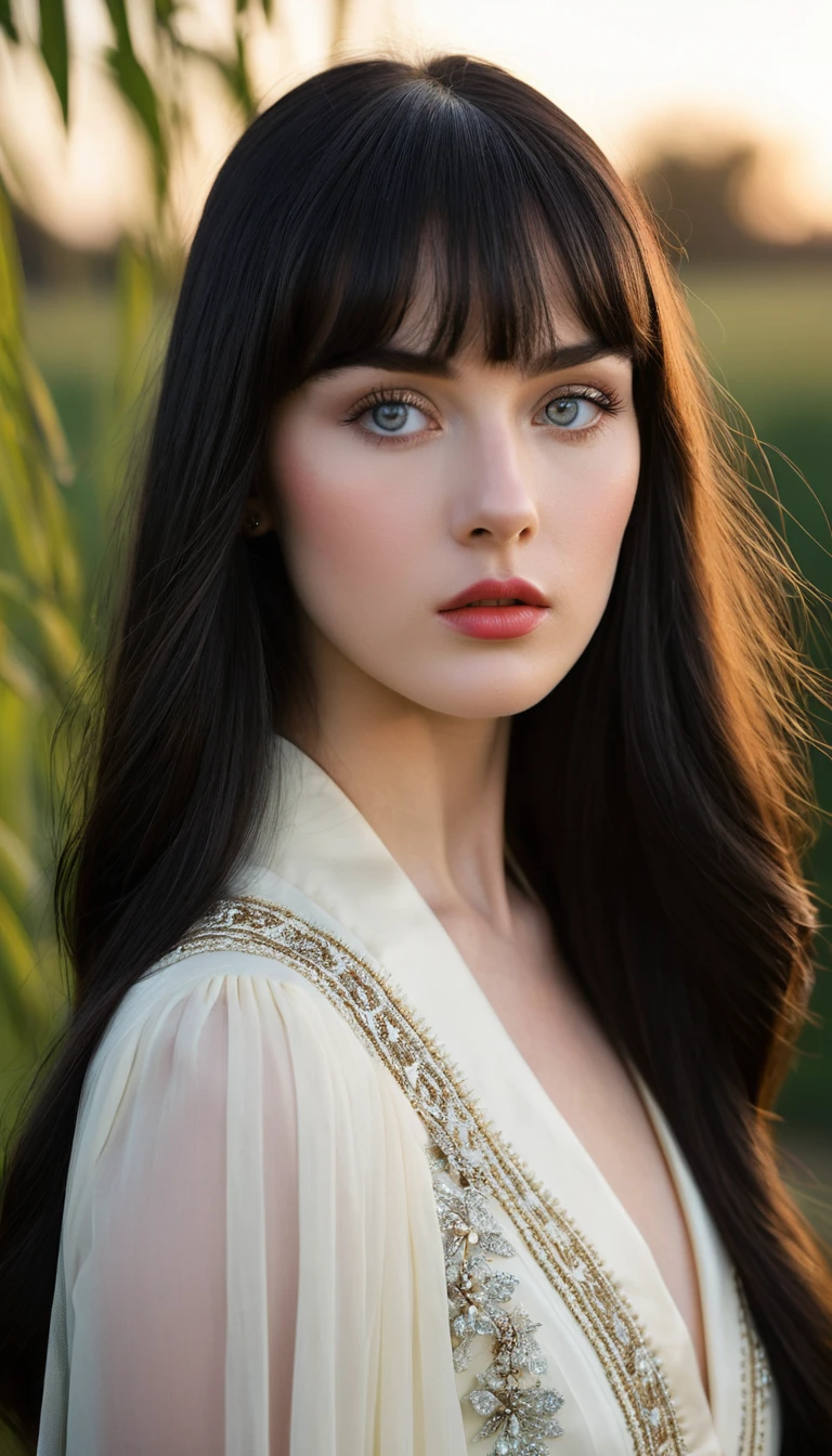 Elegant woman with long black hair in twilight portrait