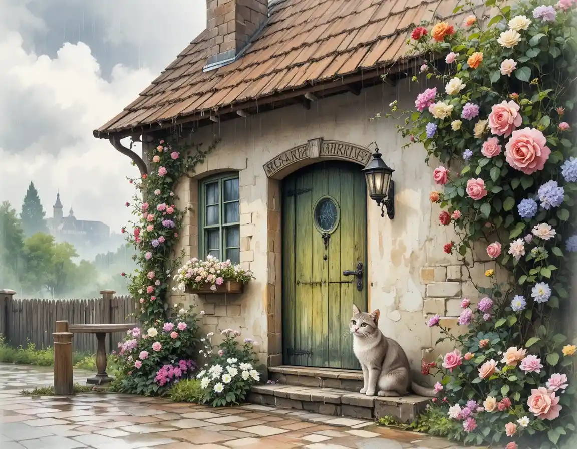Old house doorway with roses and a small cat