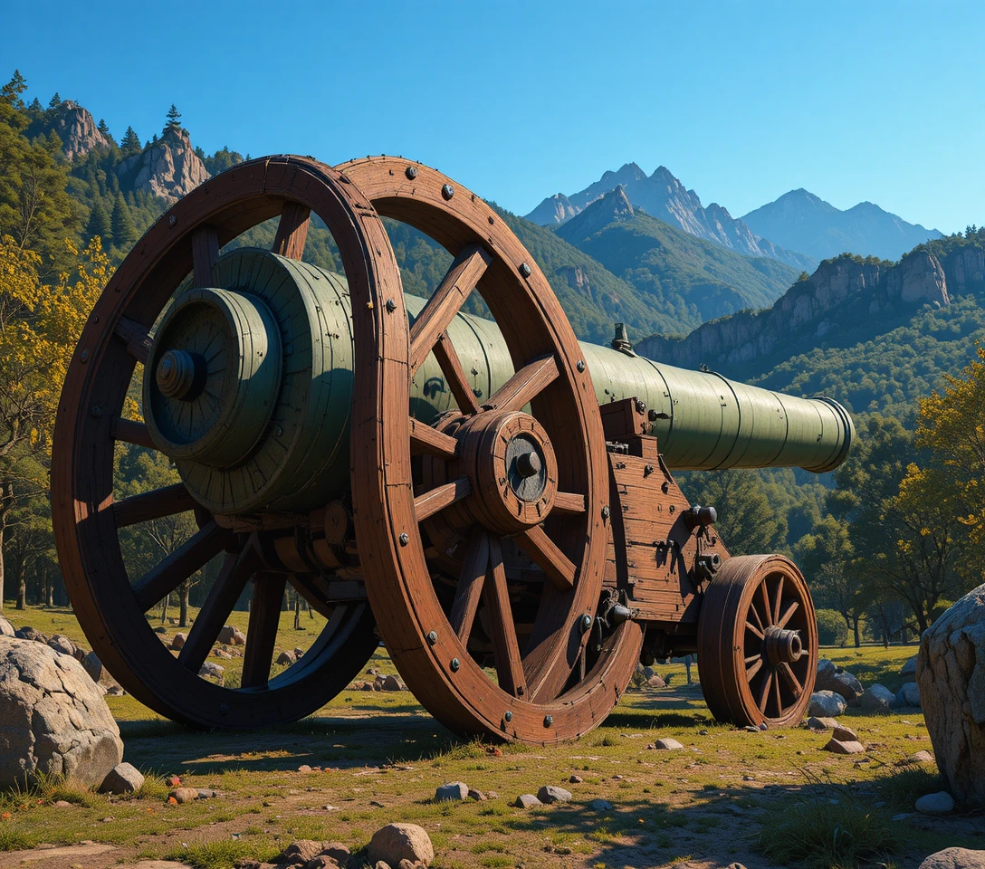 Old wooden cannon with large wheel in mountain sunlight