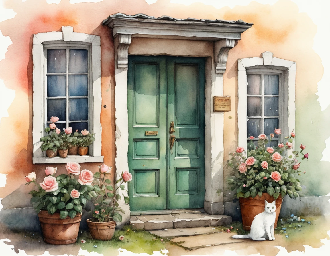 Old house doorway with roses and a small green eyed cat