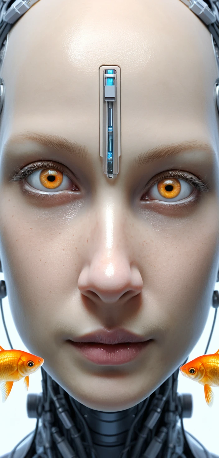 Surreal female cyborg with goldfish swimming inside her eyes