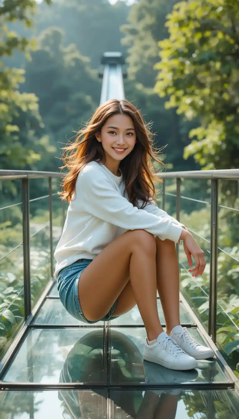 Smiling woman on a glass bridge in lush jungle