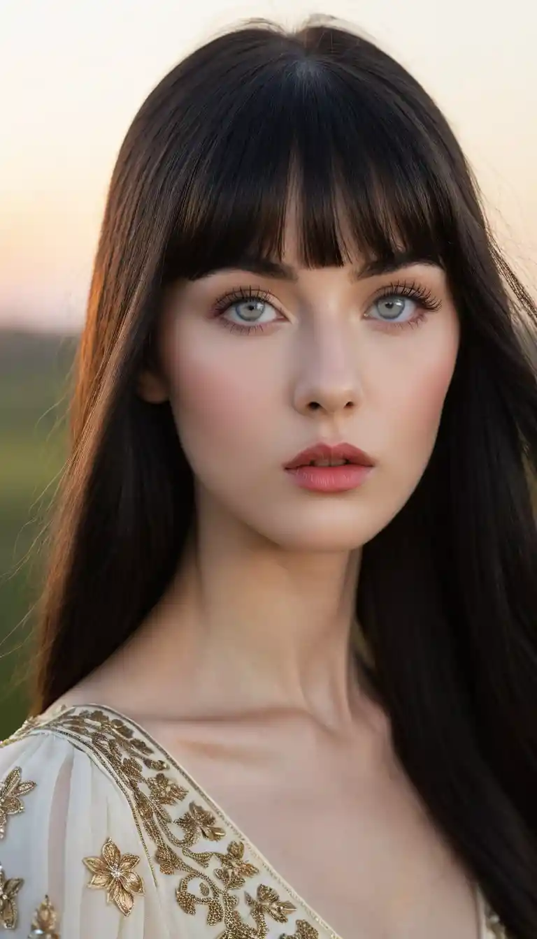Elegant young woman with long black hair at twilight