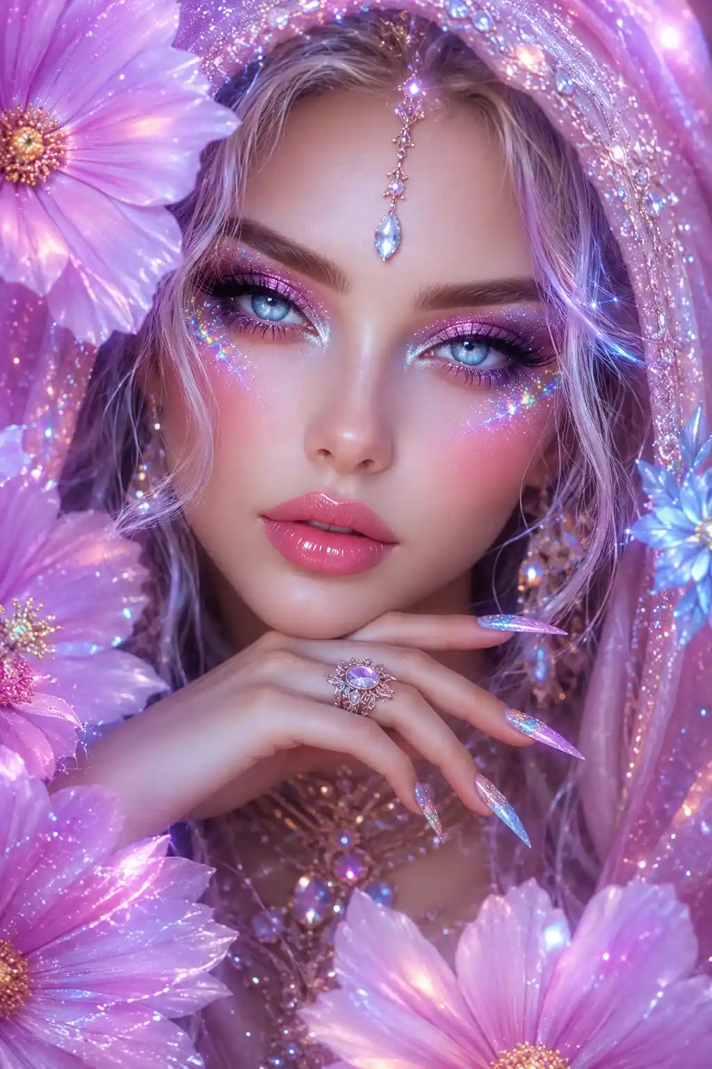 Dreamy ethereal woman portrait with celestial pastel flowers