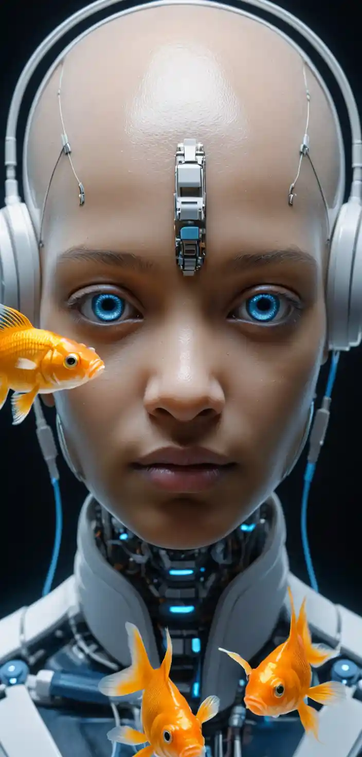 Cybernetic woman with goldfish visible inside her eyes