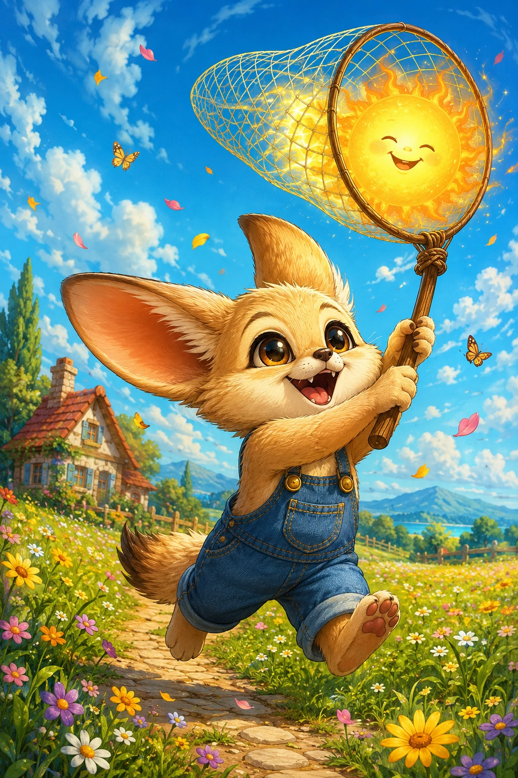 Cute cartoon fennec fox running with a net of sun
