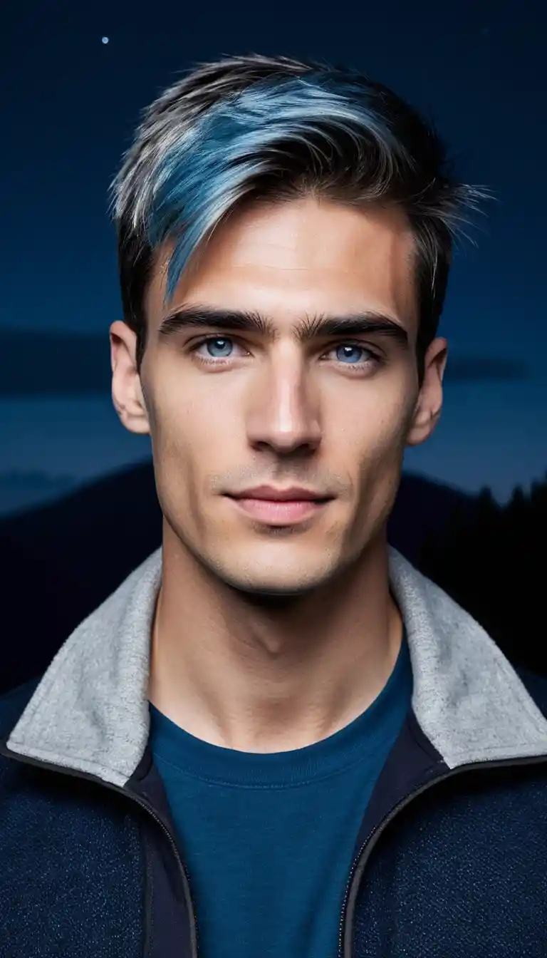 Young man with blue hair in a night mountain landscape