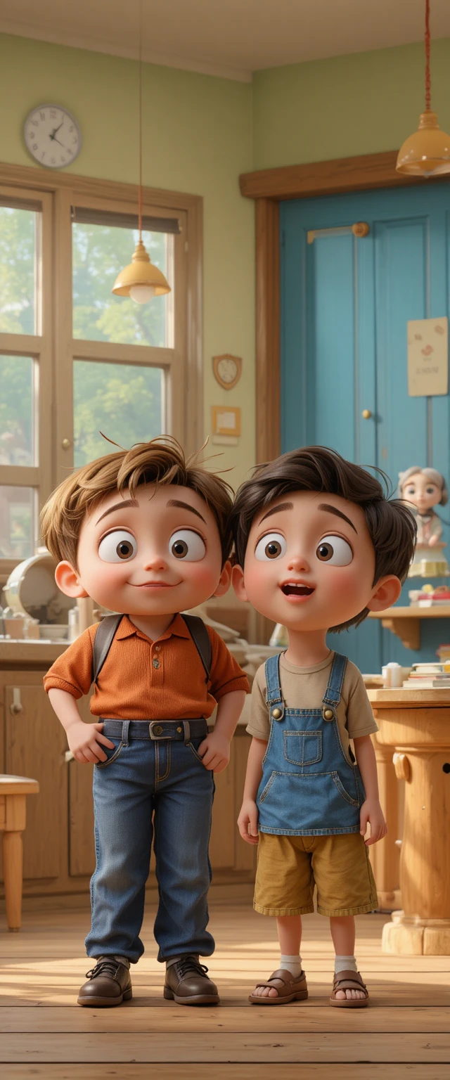 Two unemployed fathers starting a playful 3D daycare scene