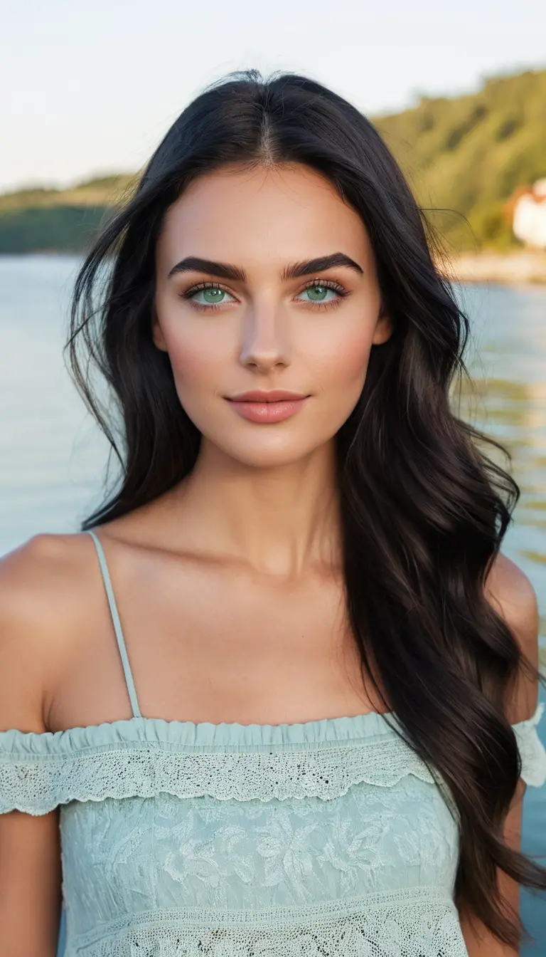 Junge Frau mit langem, wehenden Haar am Wasser