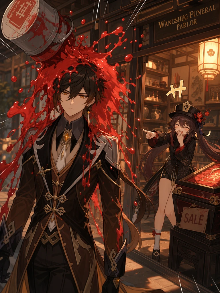 Zhongli splashed with red paint in funeral parlor scene