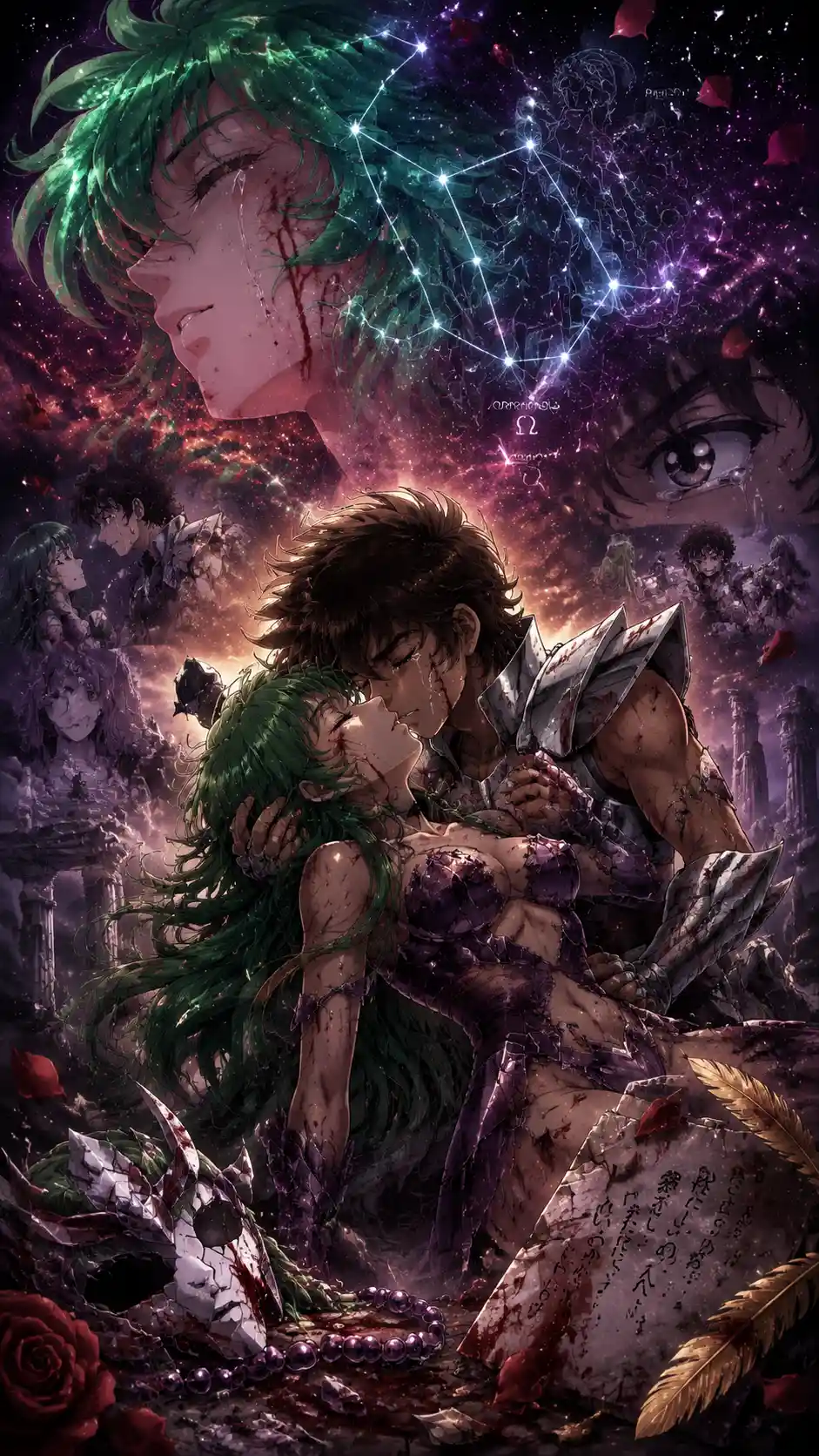 Dying warrior woman sharing a final kiss in space