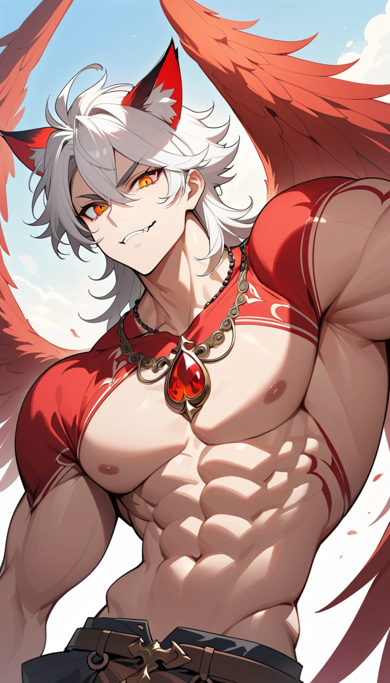 Heterochromatic long haired fantasy man with fangs outdoors
