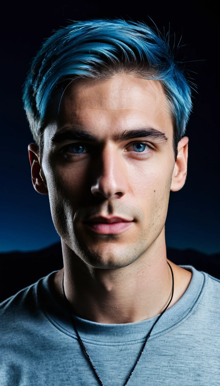 Young man standing in a starlit mountain landscape