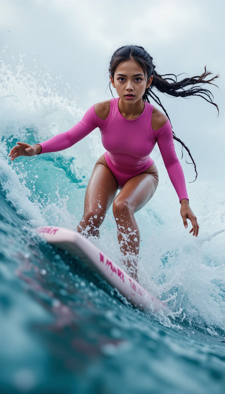 Woman surfing a pink board on a powerful ocean wave
