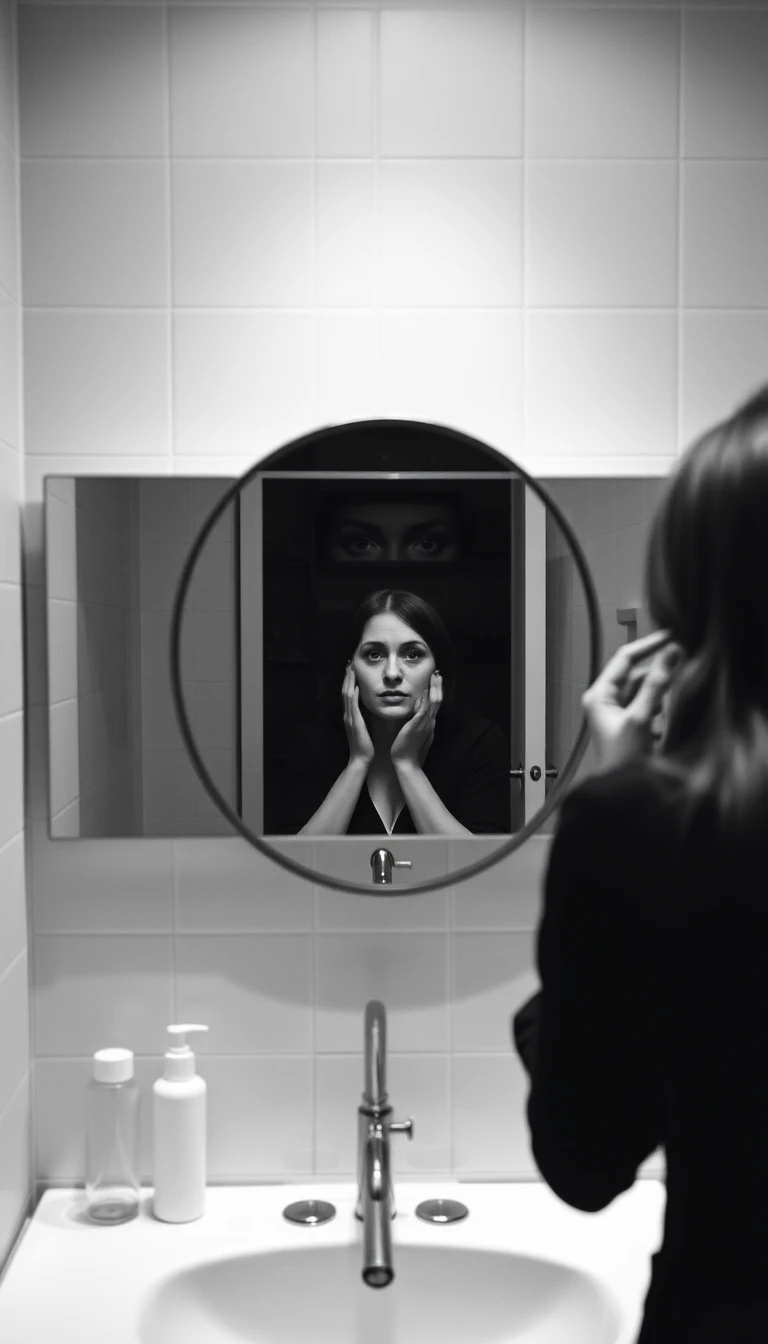 Woman putting on makeup in a dim bathroom mirror