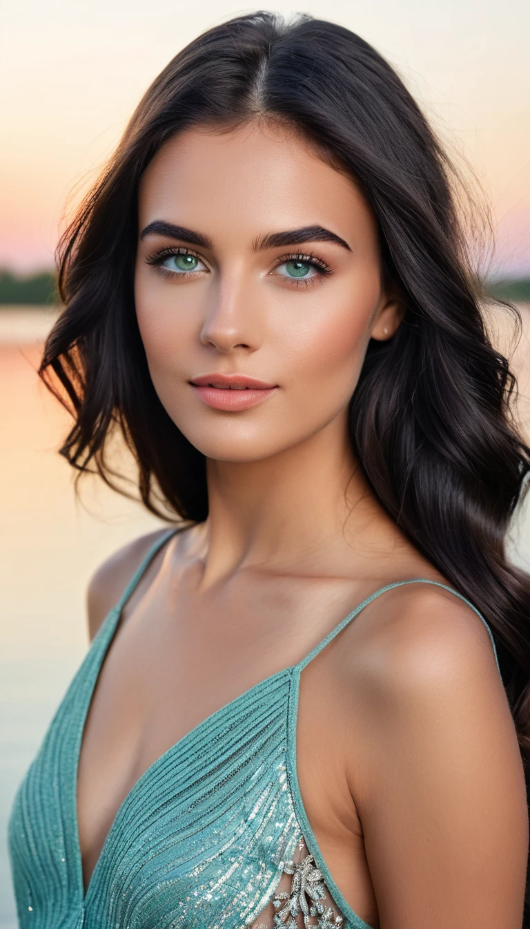 Young woman with flowing hair standing by calm water