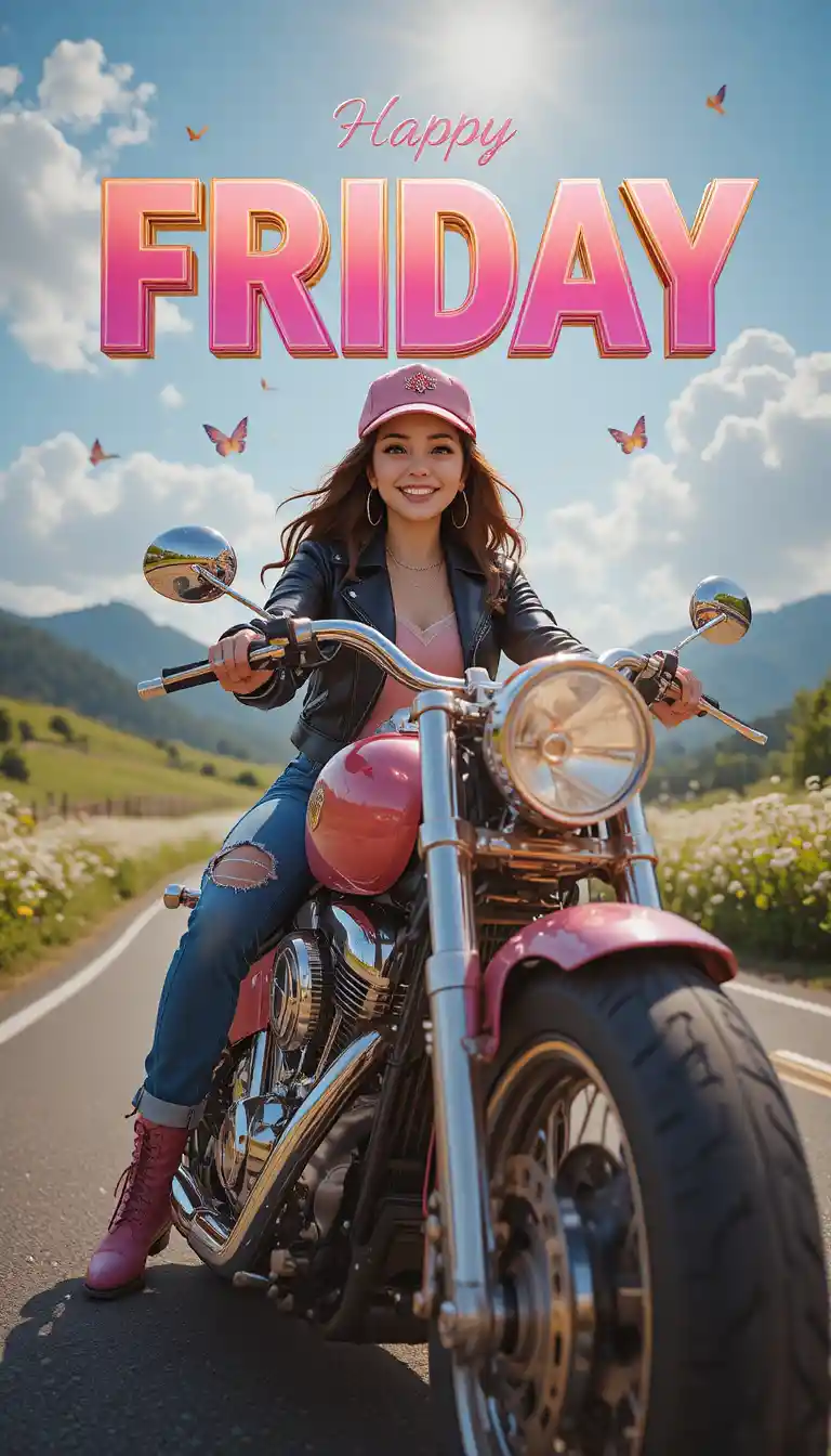 Biker girl riding a pink motorcycle on a sunny road