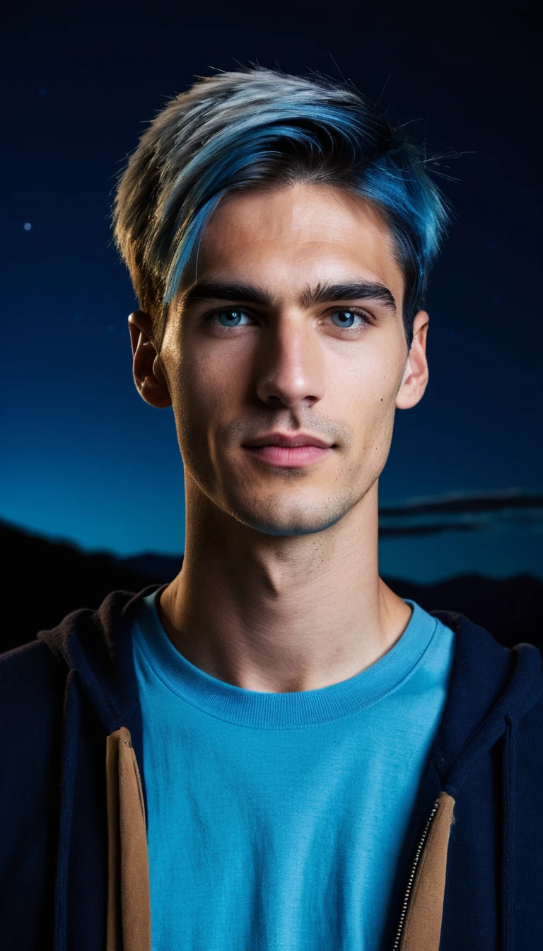 Young man under a starlit mountain night sky