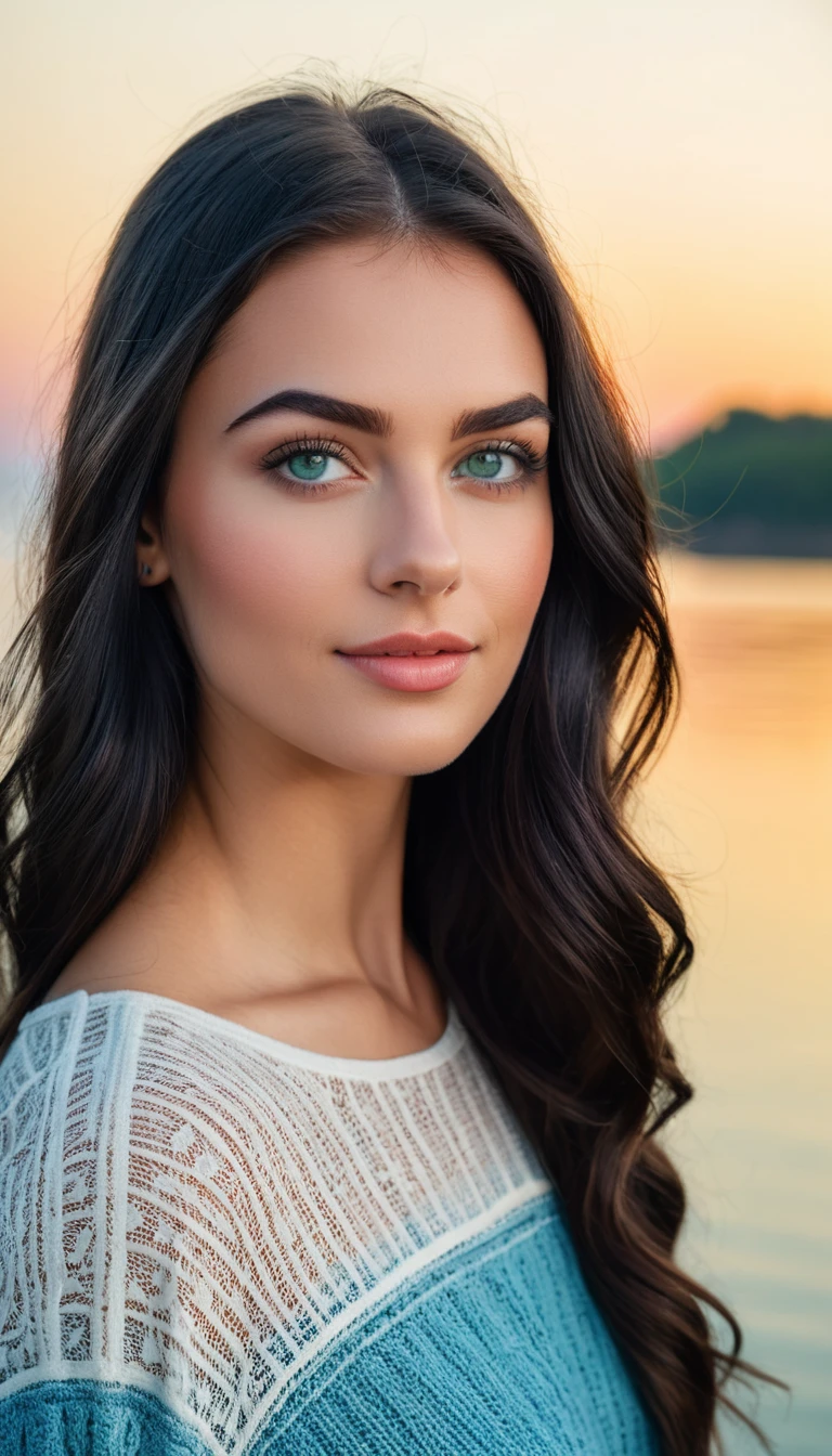 Young woman with flowing ombre hair by the water
