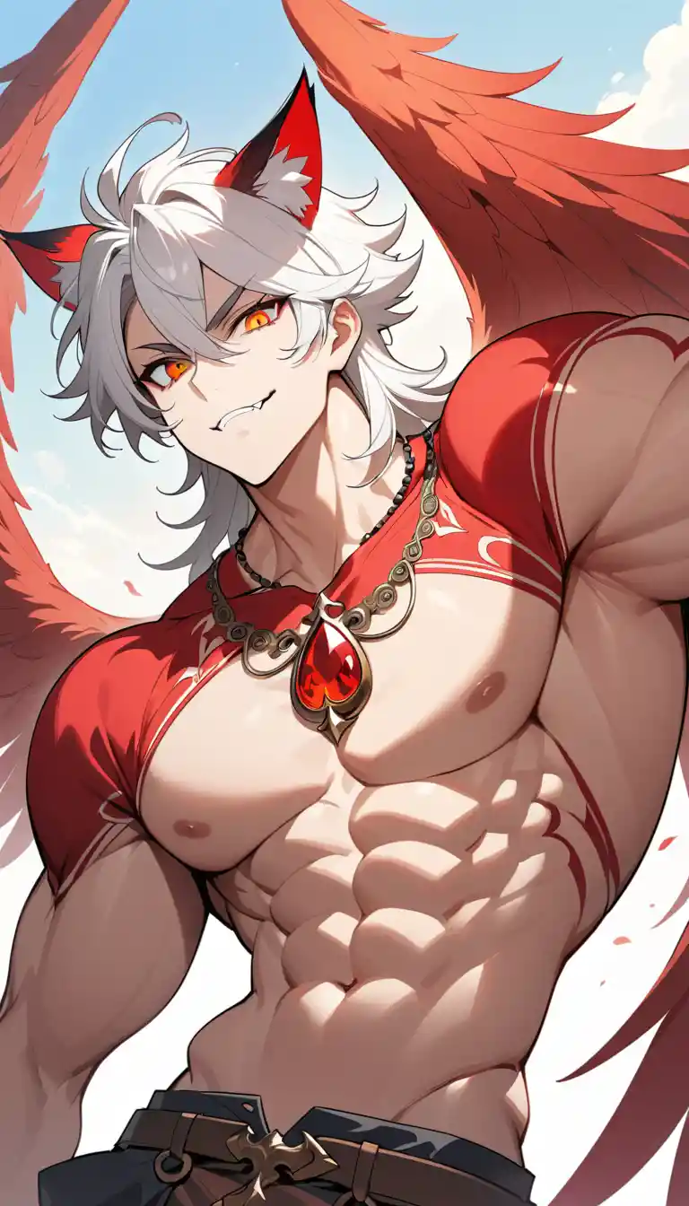 Heterochromatic long haired fantasy man with fangs outdoors