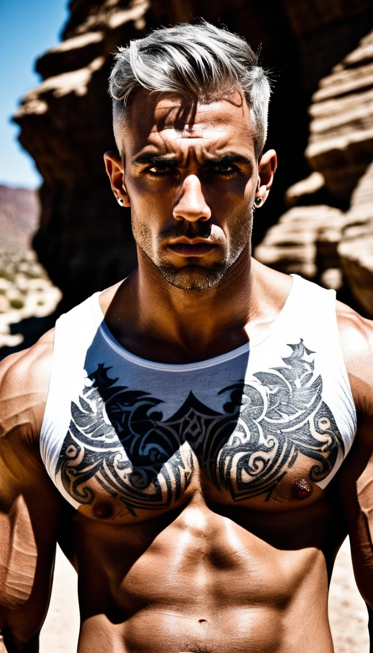 Muscular tattooed man in rocky sunlight portrait