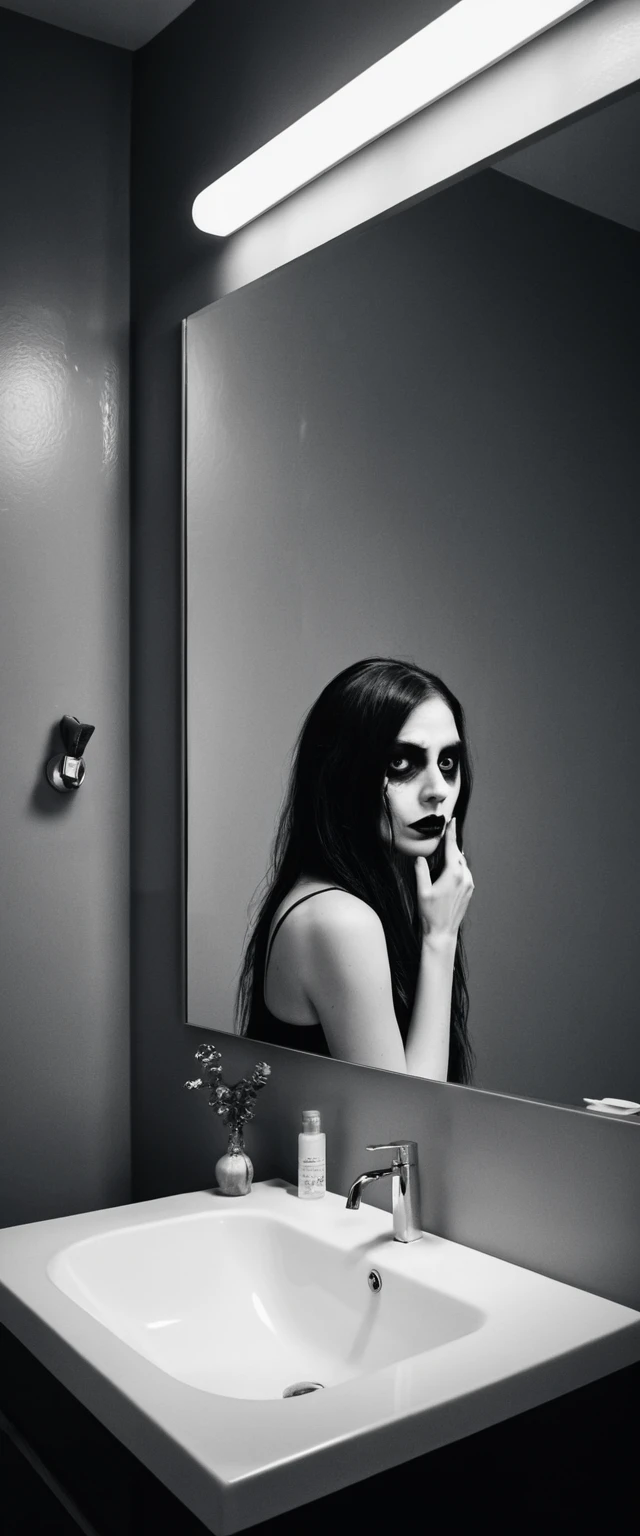 Woman doing makeup in bathroom mirror with creepy eyes