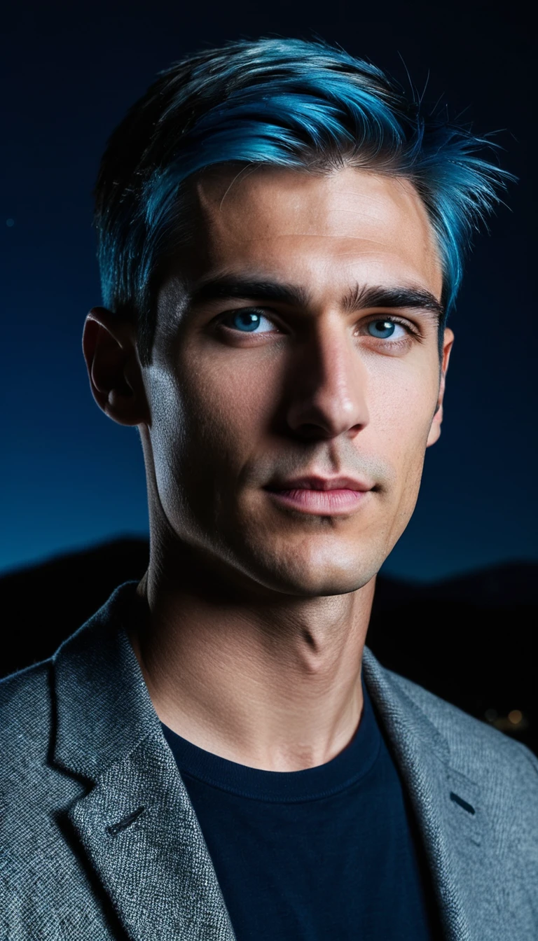 Young man in blue hair under a starlit mountain sky