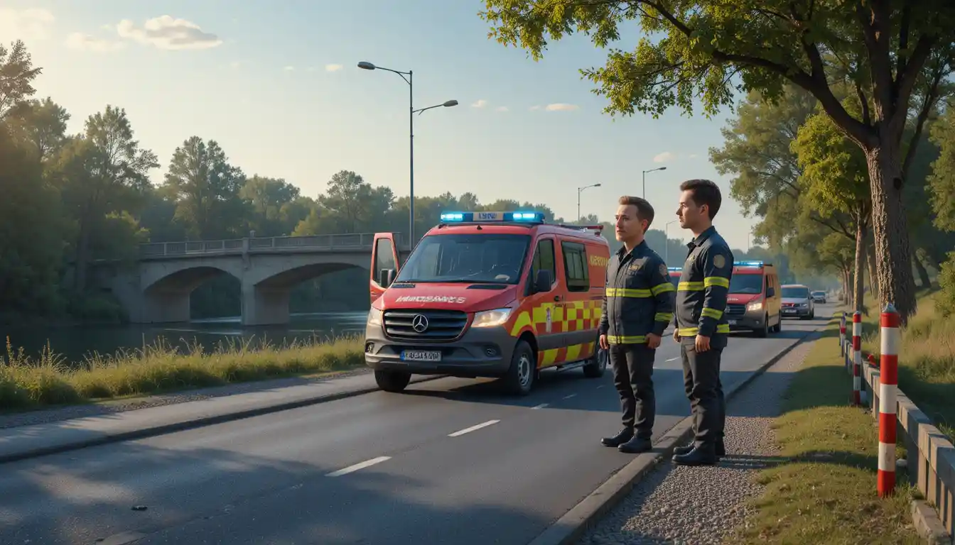 Firefighters talking beside a red and yellow rescue truck