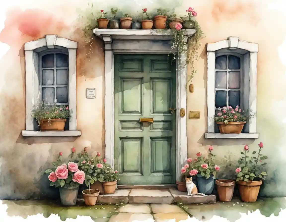 Old house door with roses and a small cat