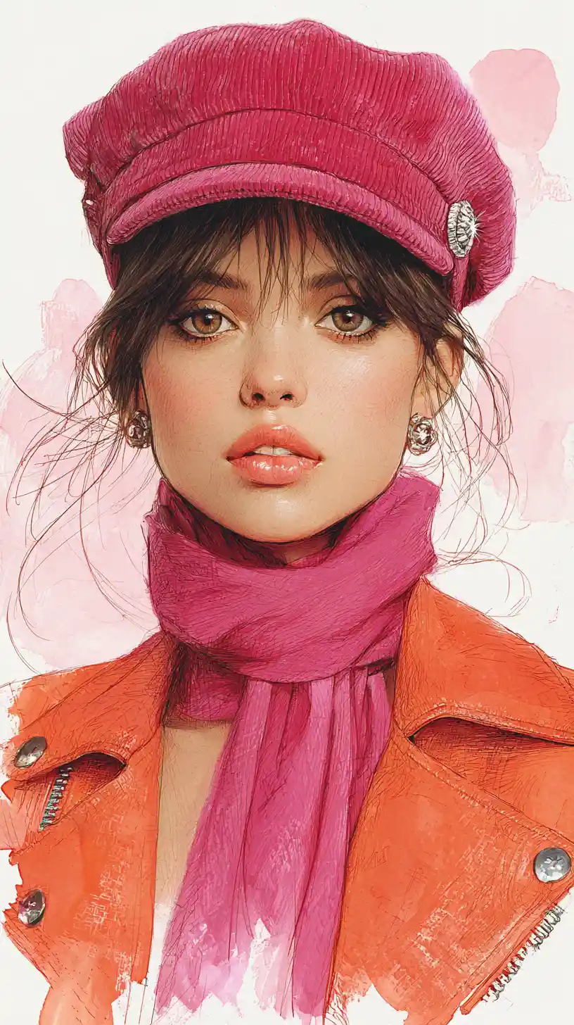 Confident woman in pink cap and orange jacket portrait