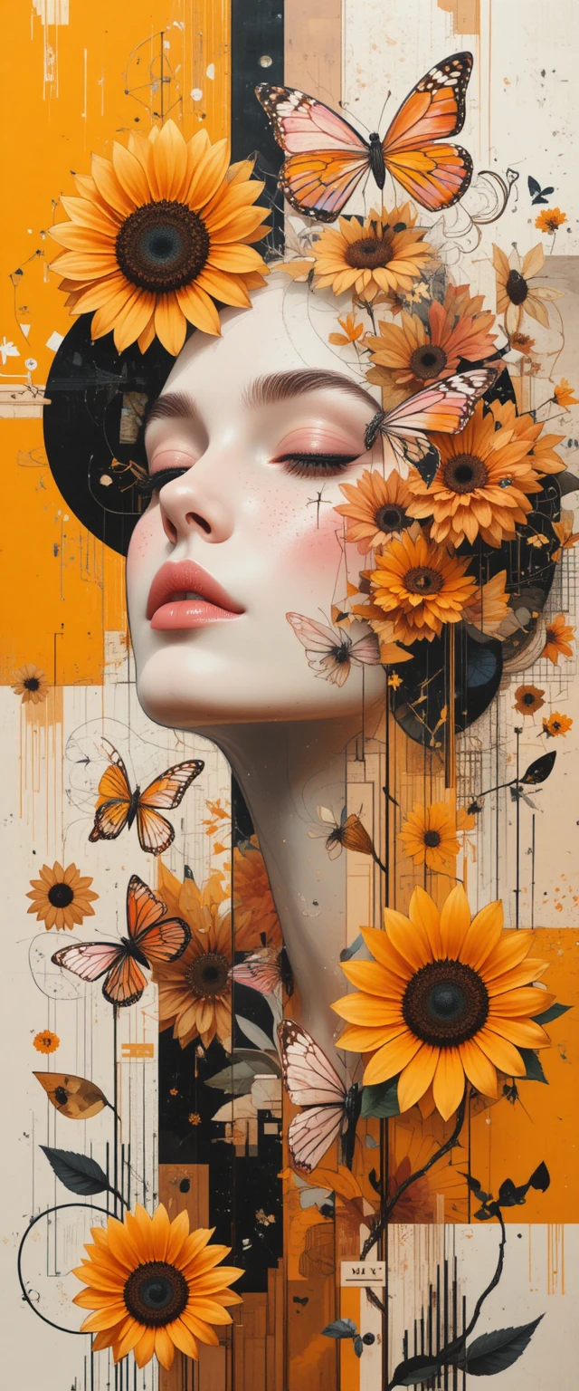 Surreal woman with sunflowers and butterflies in abstract art