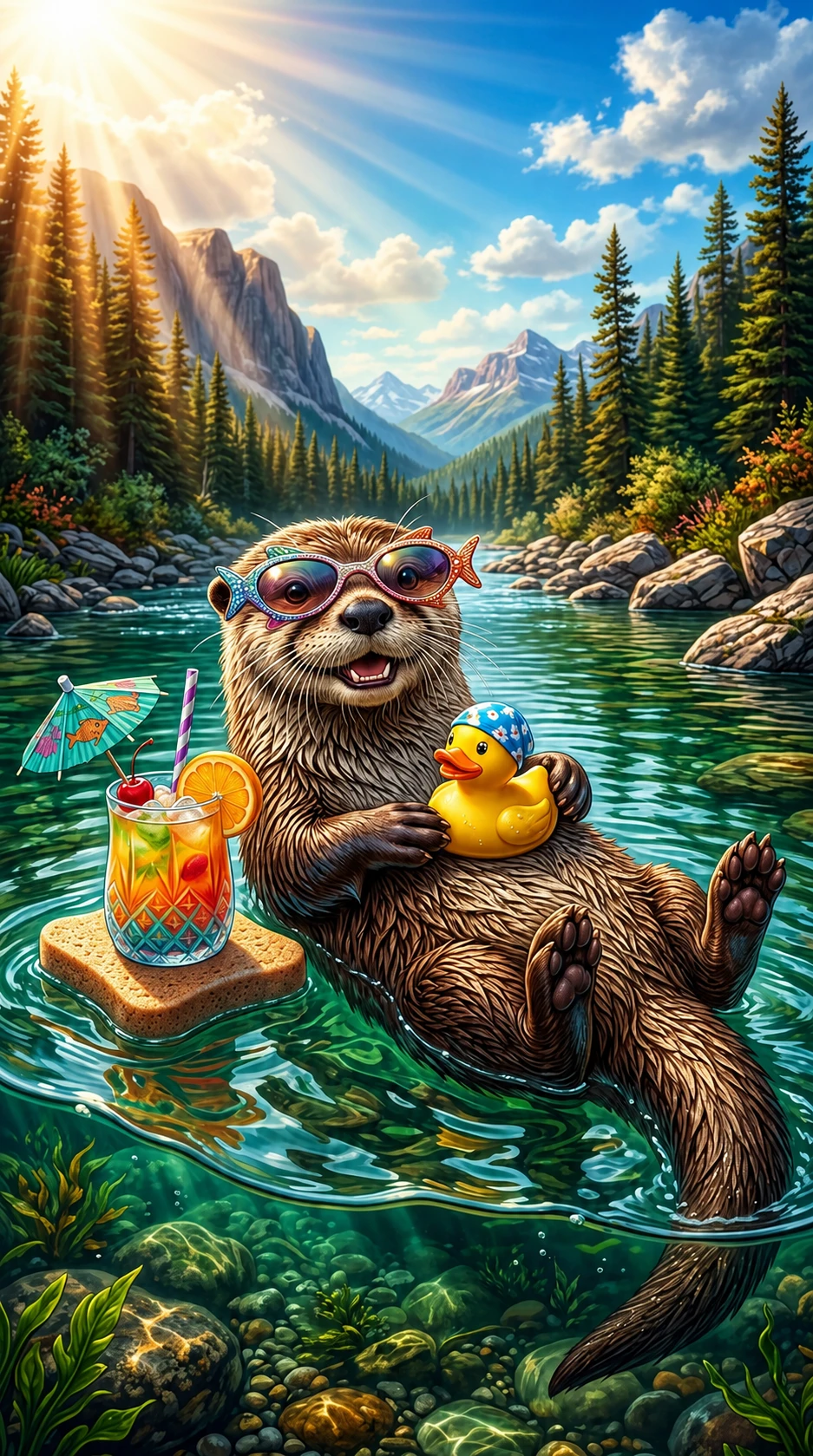 Playful otter relaxing on a sunny Canadian river