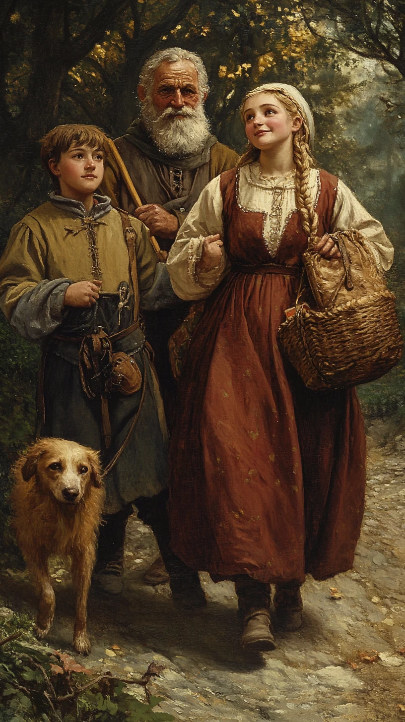 Farmer family with handmaid and hunting dog on the farm