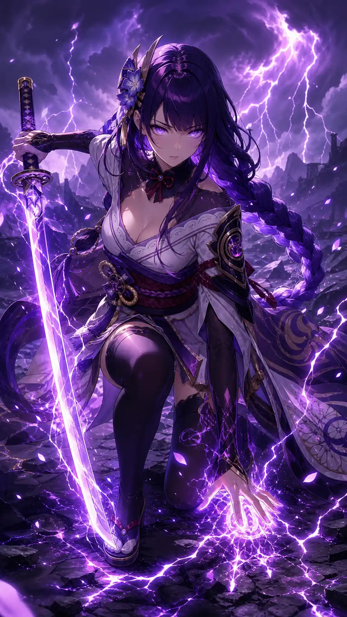 Anime warrior woman wielding glowing purple katana
