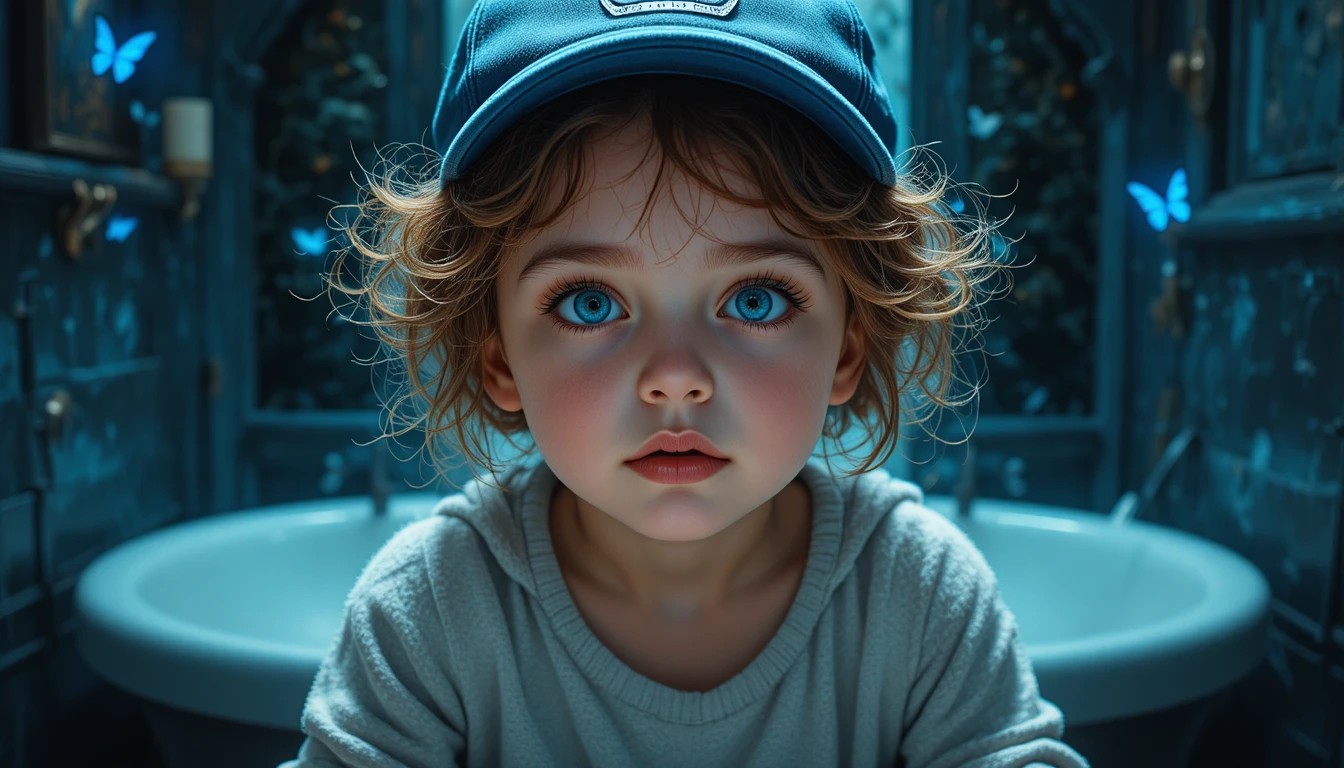Young girl in a bathroom mirror with watching eyes behind