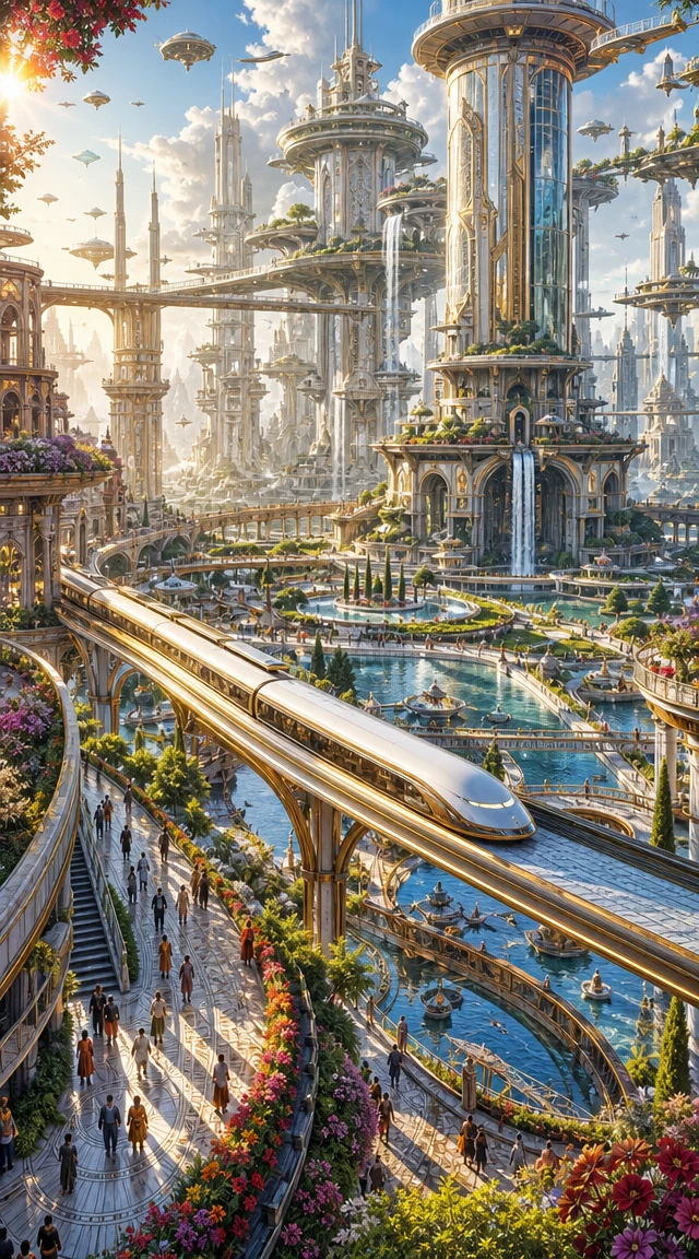 Futuristic light filled city in a peaceful sci fi world