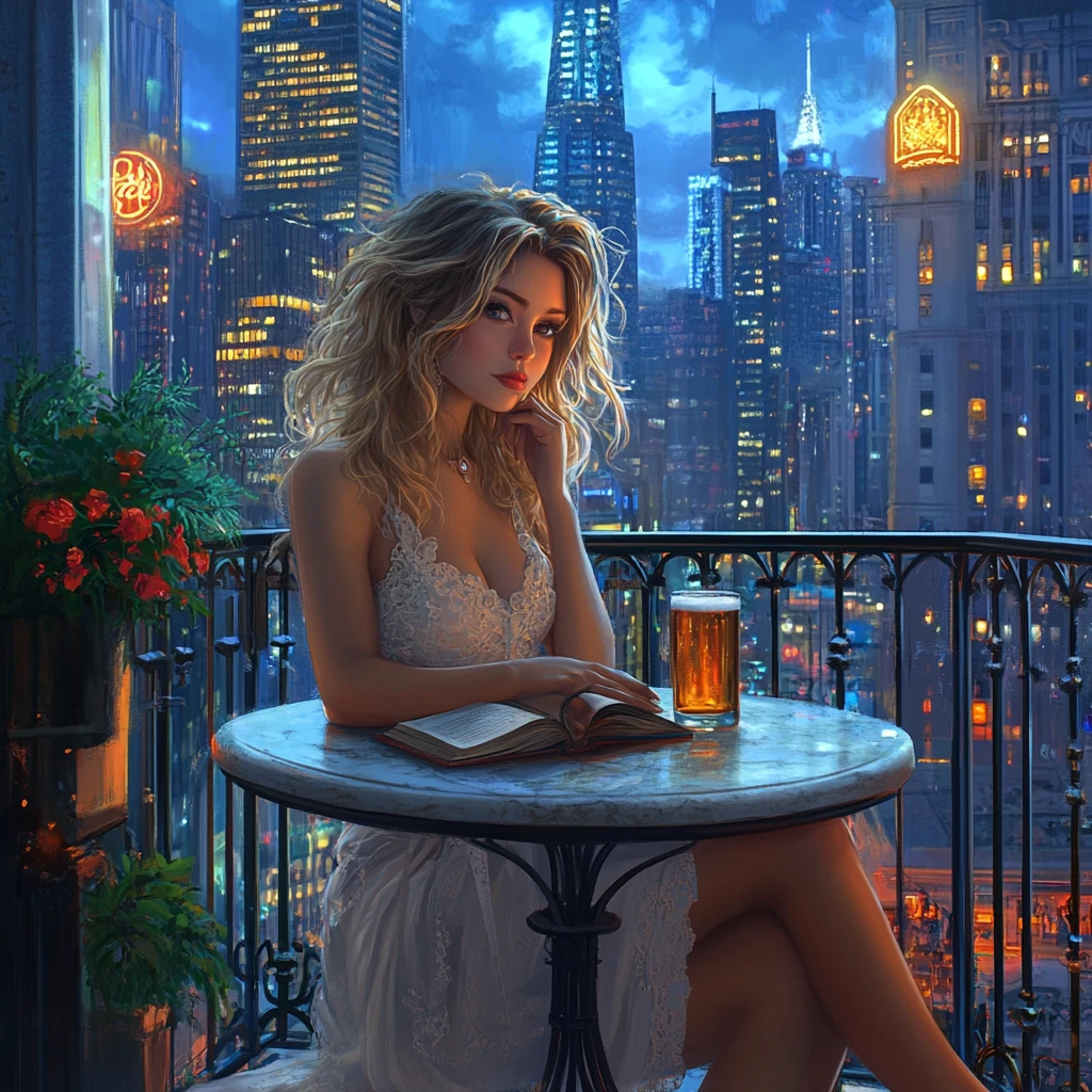 Woman on rooftop terrace with book and city lights