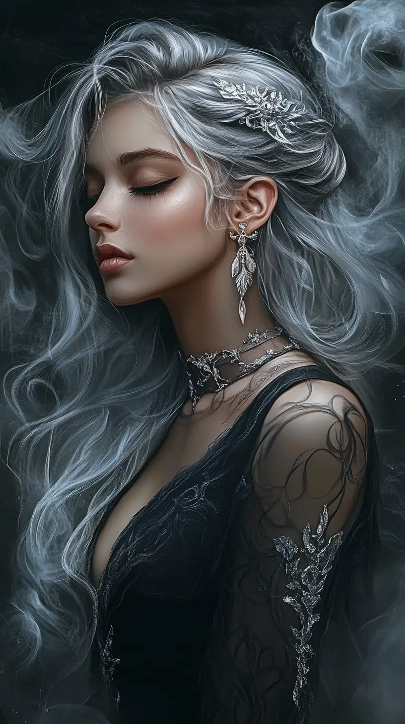 Silver haired fantasy woman in misty ethereal darkness