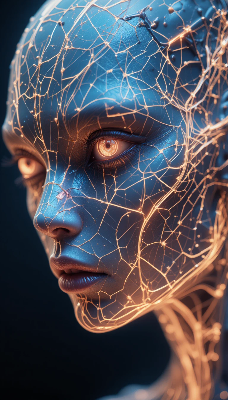 Close up portrait of a glowing wireframe alien face