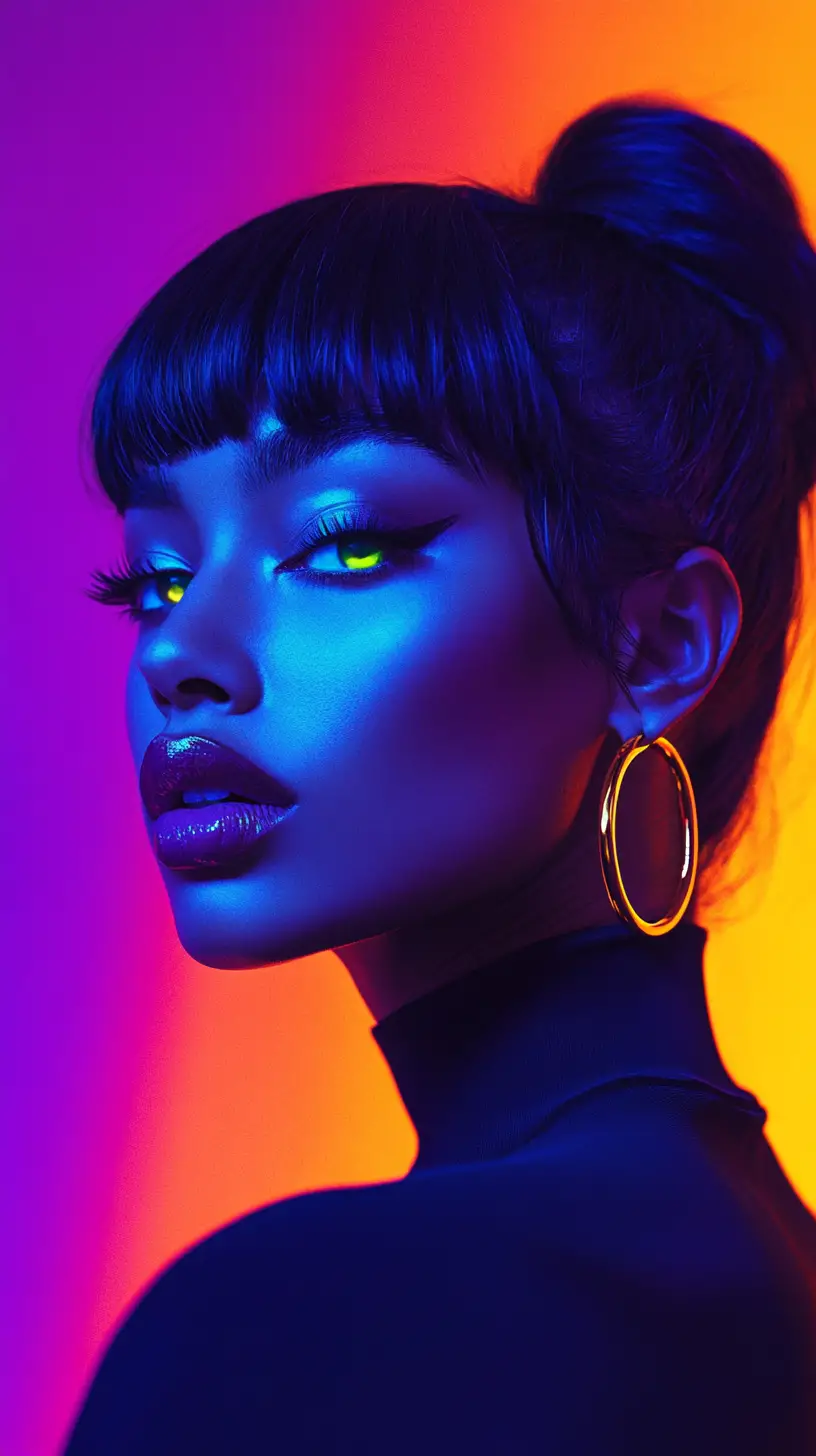 Neon lit woman with glowing green eyes in profile