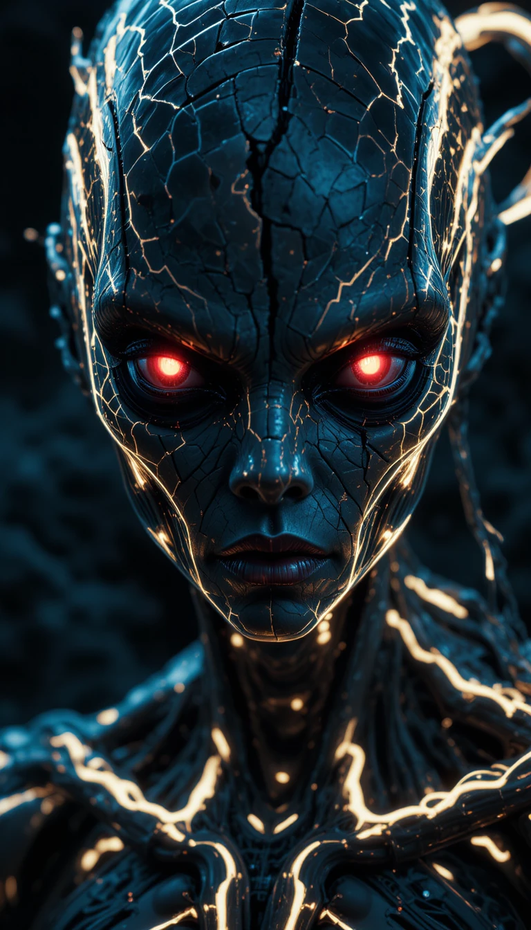 Alien face of glowing biomechanical lines in darkness