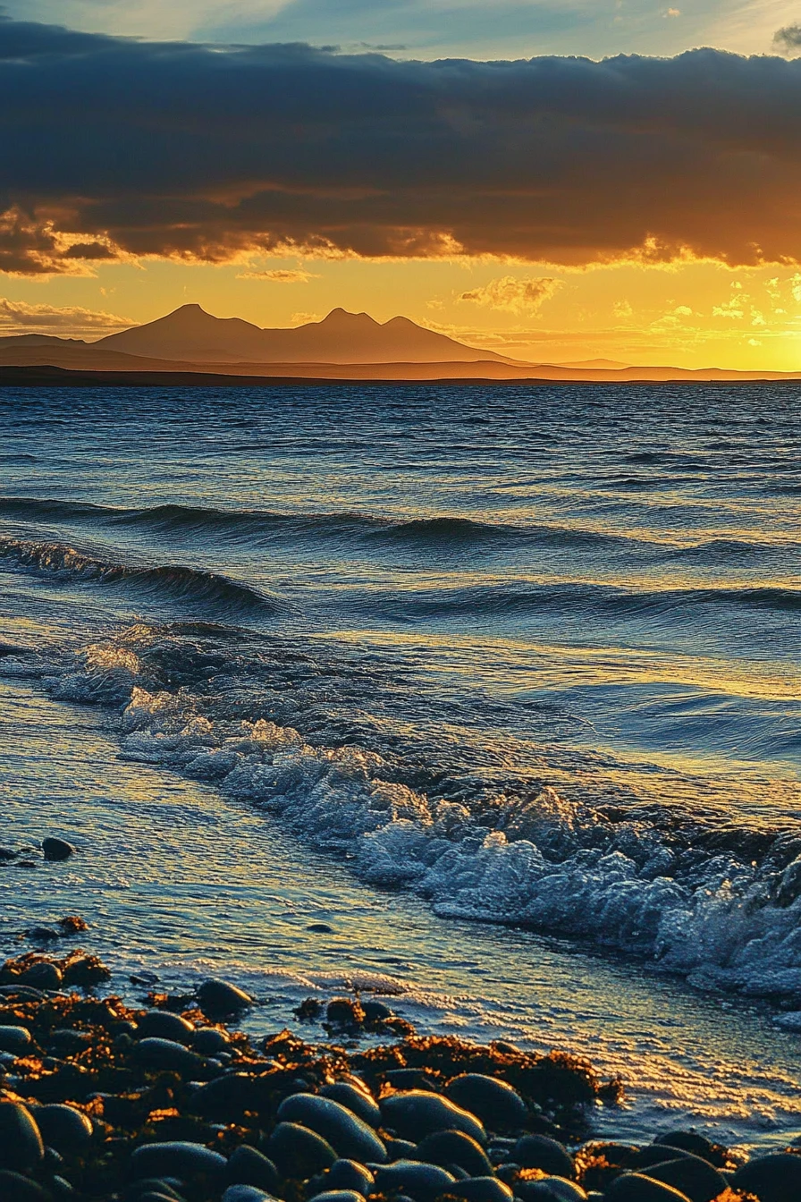 Colorful coastal seascape with rippling evening ocean