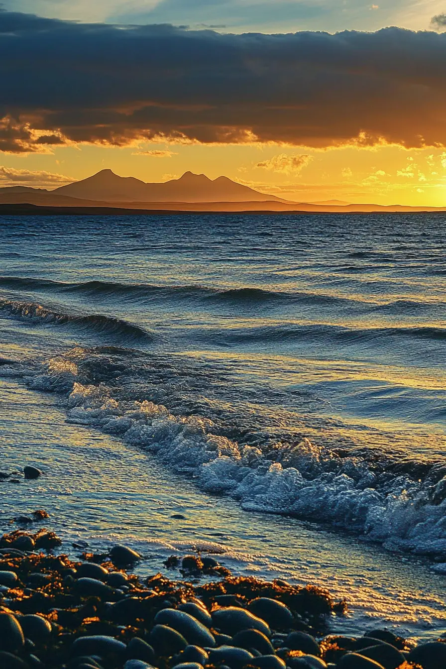 Colorful coastal seascape with rippling evening ocean
