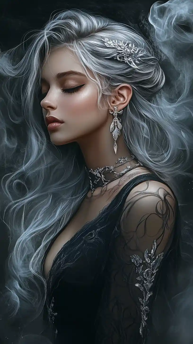 Silver haired fantasy woman in misty ethereal darkness